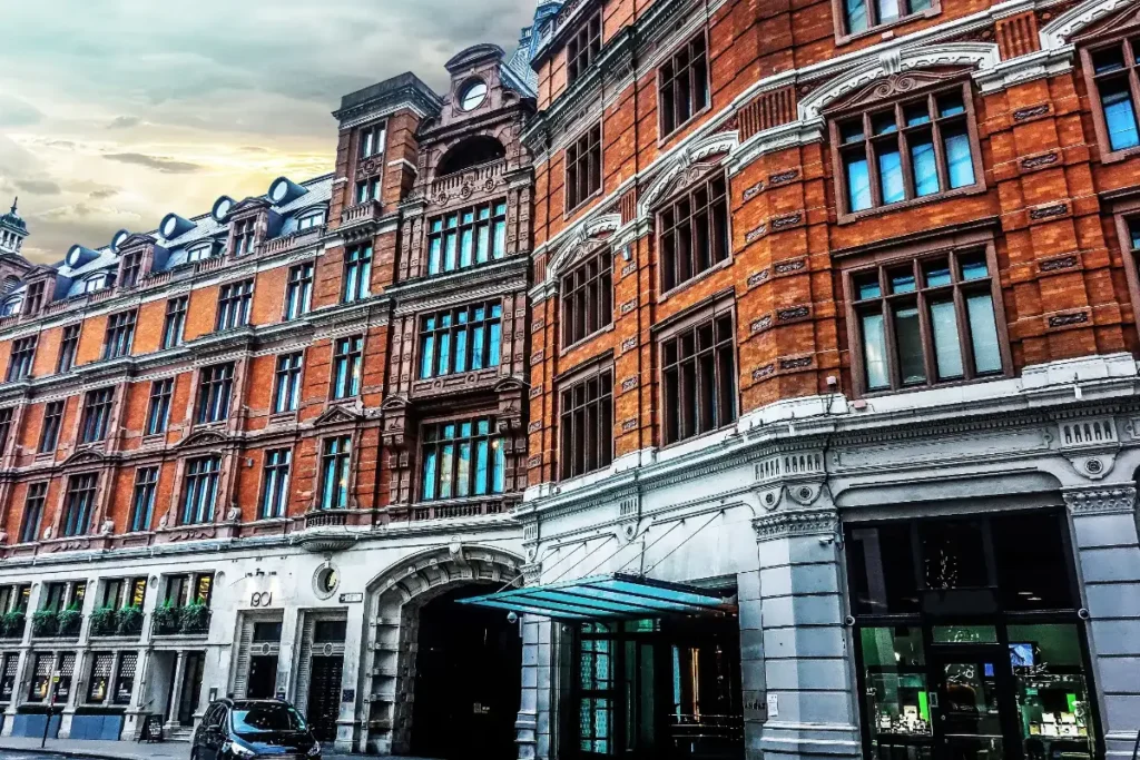 The red-brick Victorian façade of Andaz London Liverpool Street, a luxury hotel event venue in the City of London