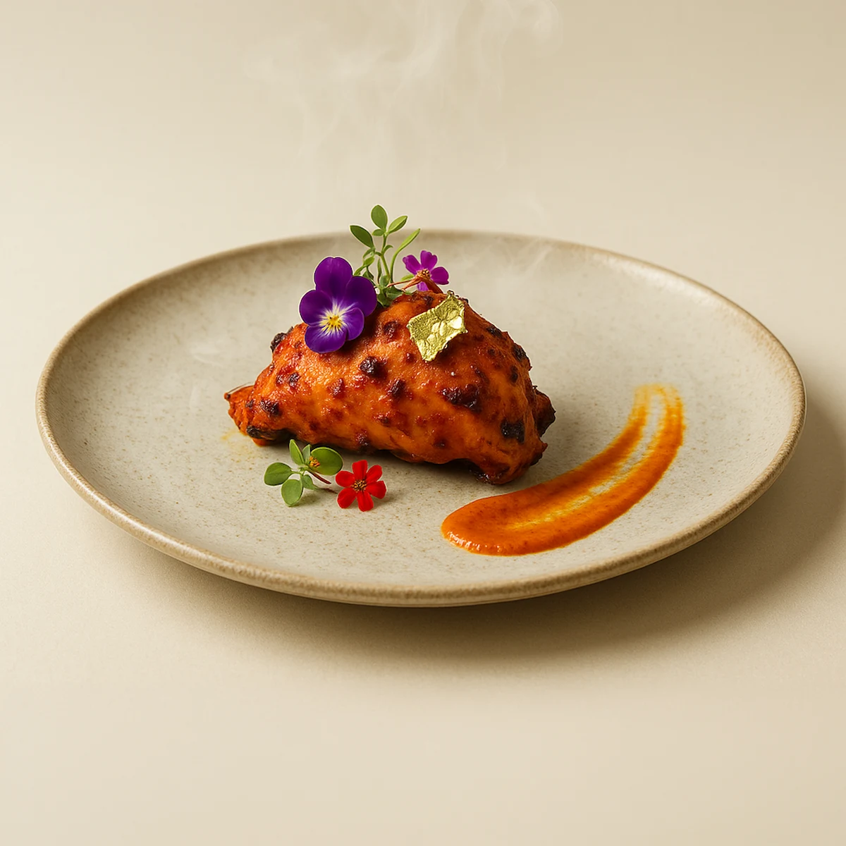 A glazed main course garnished with edible flowers on a stoneware plate