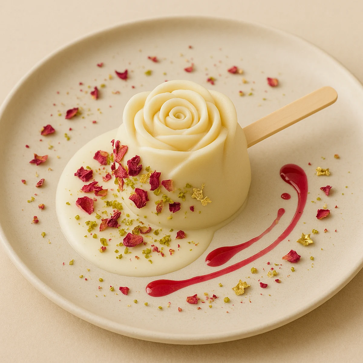 A rose-shaped white dessert with berry coulis and crushed pistachio