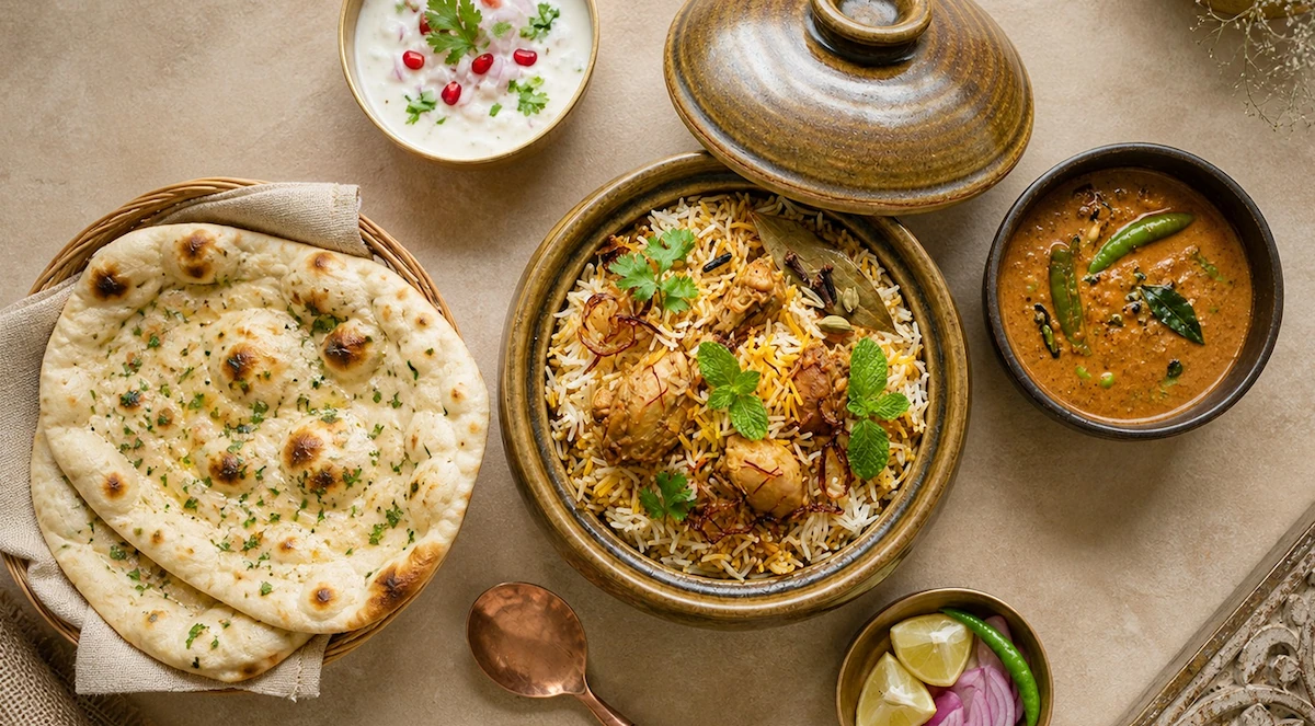 Biryani, naan and curries served in brass dishes