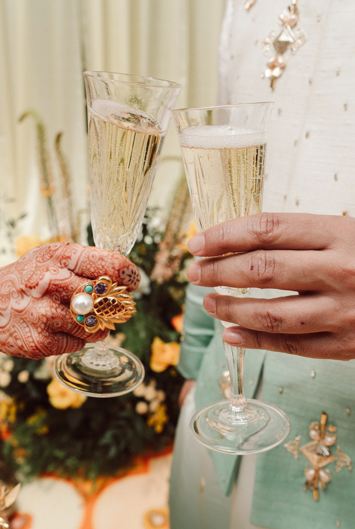 Guests raising champagne flutes in a toast
