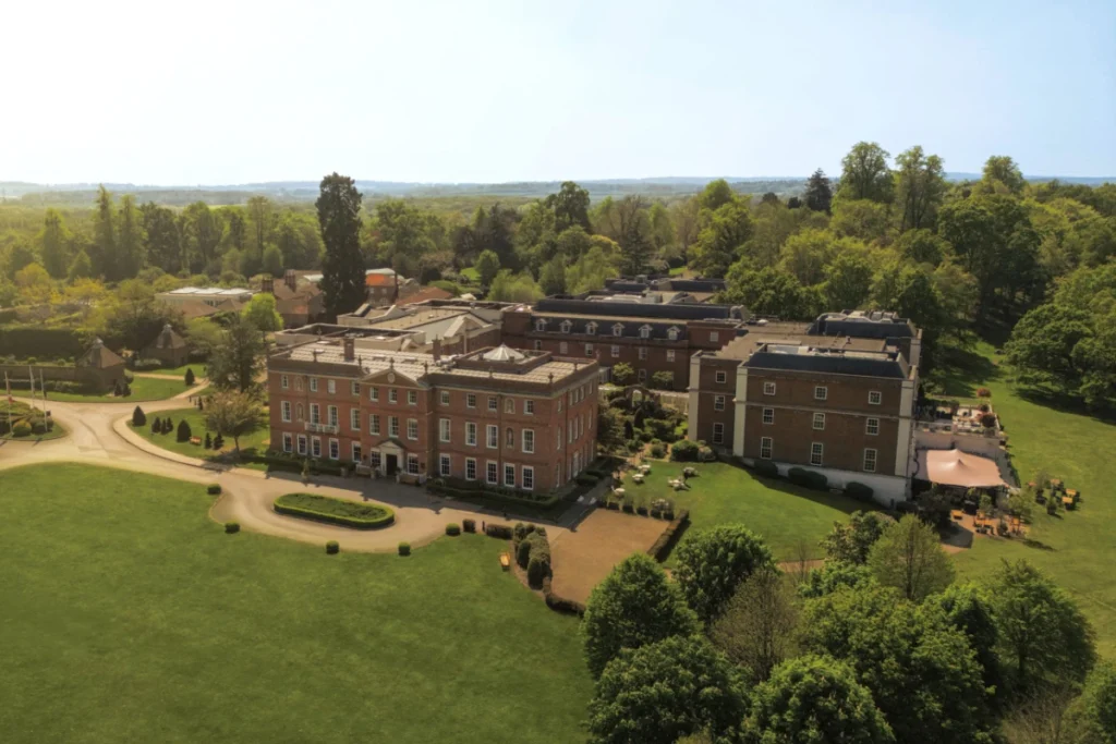 Aerial view of Four Seasons Hampshire, a country house hotel set in parkland, used for weddings and events