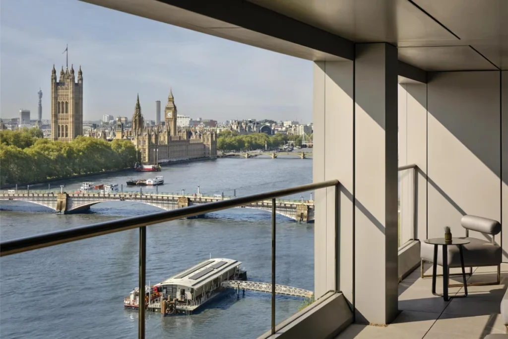 The Houses of Parliament across the Thames, seen from a balcony at Park Plaza London Riverbank