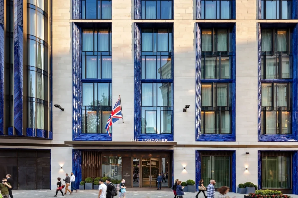 The façade of The Londoner on Leicester Square, a luxury West End hotel for high-profile events