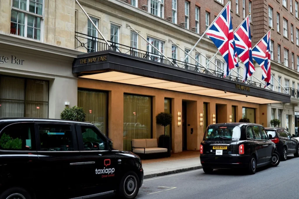 A street view of the front entrance of The May Fair Hotel