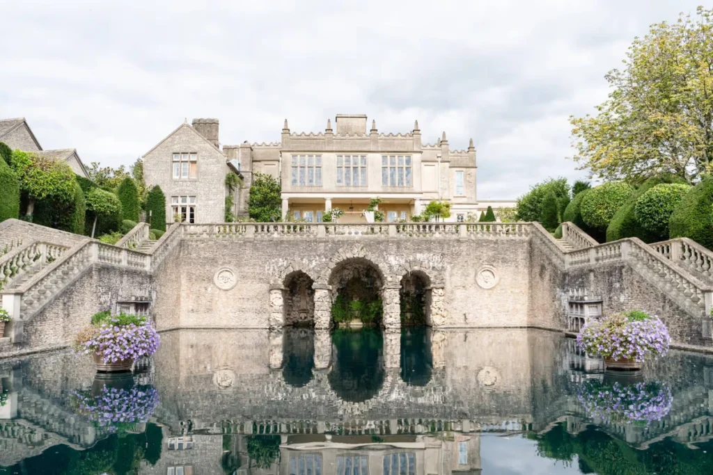 Euridge Manor, a private Cotswolds estate, with its stone terraces, landscaped gardens and reflecting pool